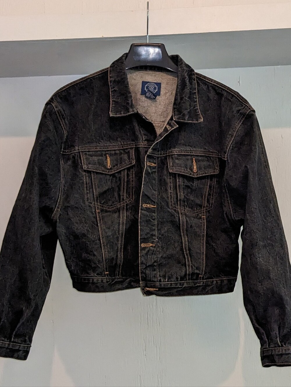 GAP Black Denim Jacket with Contrasting Orange Stitching Boyfriend Fit Oversized